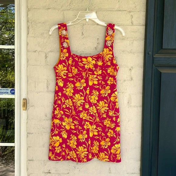 Zara Pink/Yellow Floral Knit Jeweled Shoulder Mini Dress Size Medium - Picture 2 of 15